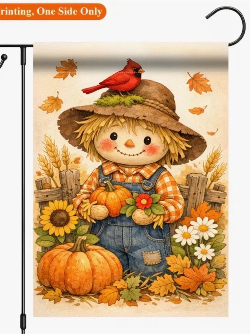 Cute Autumn Scarecrow Garden Flag with Cardinal and Pumpkins Sunflowers Leaves